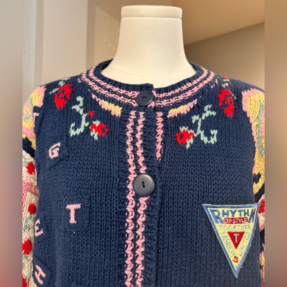 Vintage Together! Colorful Navy Knit Embroidered Cardigan Sweater w/ Pockets - Picture 2 of 15